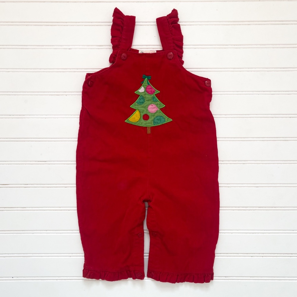 BABY LUIGI VGUC Girls Christmas Tree Appliqué Corduroy Ruffle Overalls